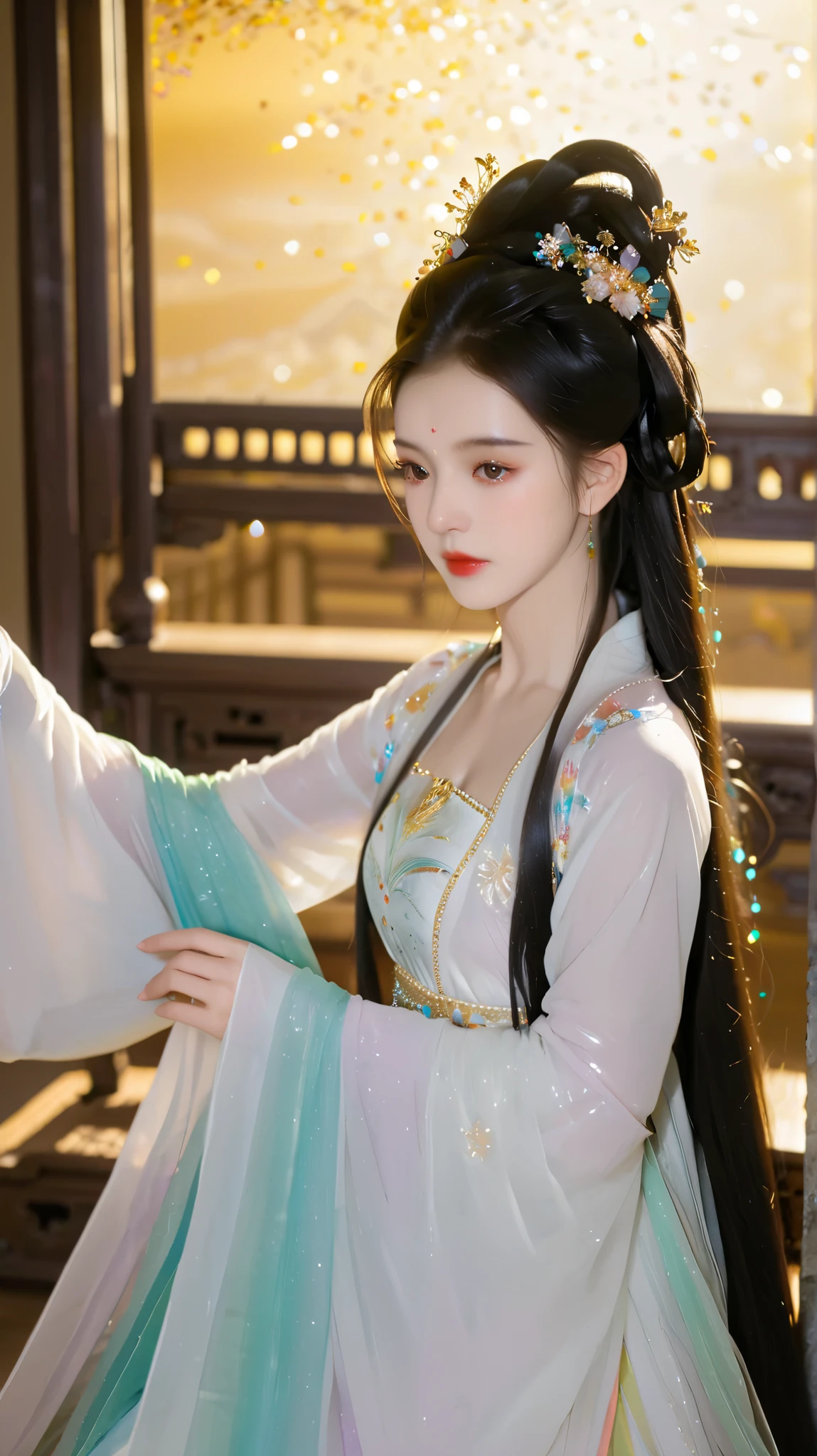  Best Quality  at best,  super high resolution, ((( 1 girl))),(Long black hair), Game Fairy, Old Palace , Dahong Hanfu , ,  Elegant Light Yarn , jewelry, (focus), ((( colorful))), particle effects , masterpiece,  Best Quality  at best, Beautiful painting, meticulous,   Very detailed , (masterpiece,  Best Quality  at best）  CG Uniform 8K Wallpaper，masterpiece， Best Quality ， super detailed）,  Ultra HD，Clear face