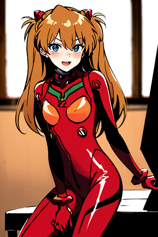 (( top quality )), ((masterpiece)), (be familiar with),  perfect face, indoor, bedroom,  Watching Viewers ,
One woman,  Soryu Asuka Langley,
 open mouth,  ecstatic expression beside the piano, blush, smile,
 small tits,  flat chest, Young girl, Lori,  s,  girl,
 long hair,  twin tails,
Leg spread,