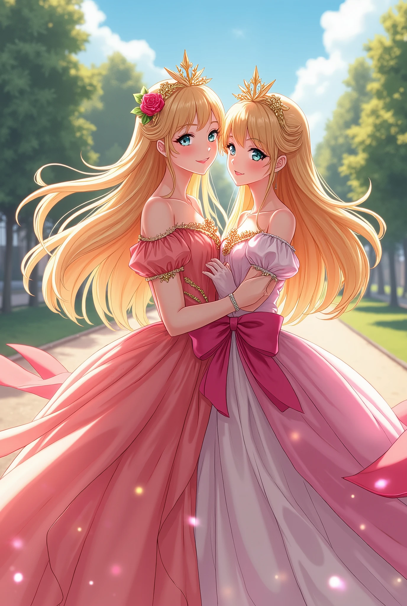 The Rose of Versailles anime, A beautiful being like a goddess,  colorful dress , smile, friendship pose, Palace of Versailles,  best quality,  high image quality, 8k,  anime art, 