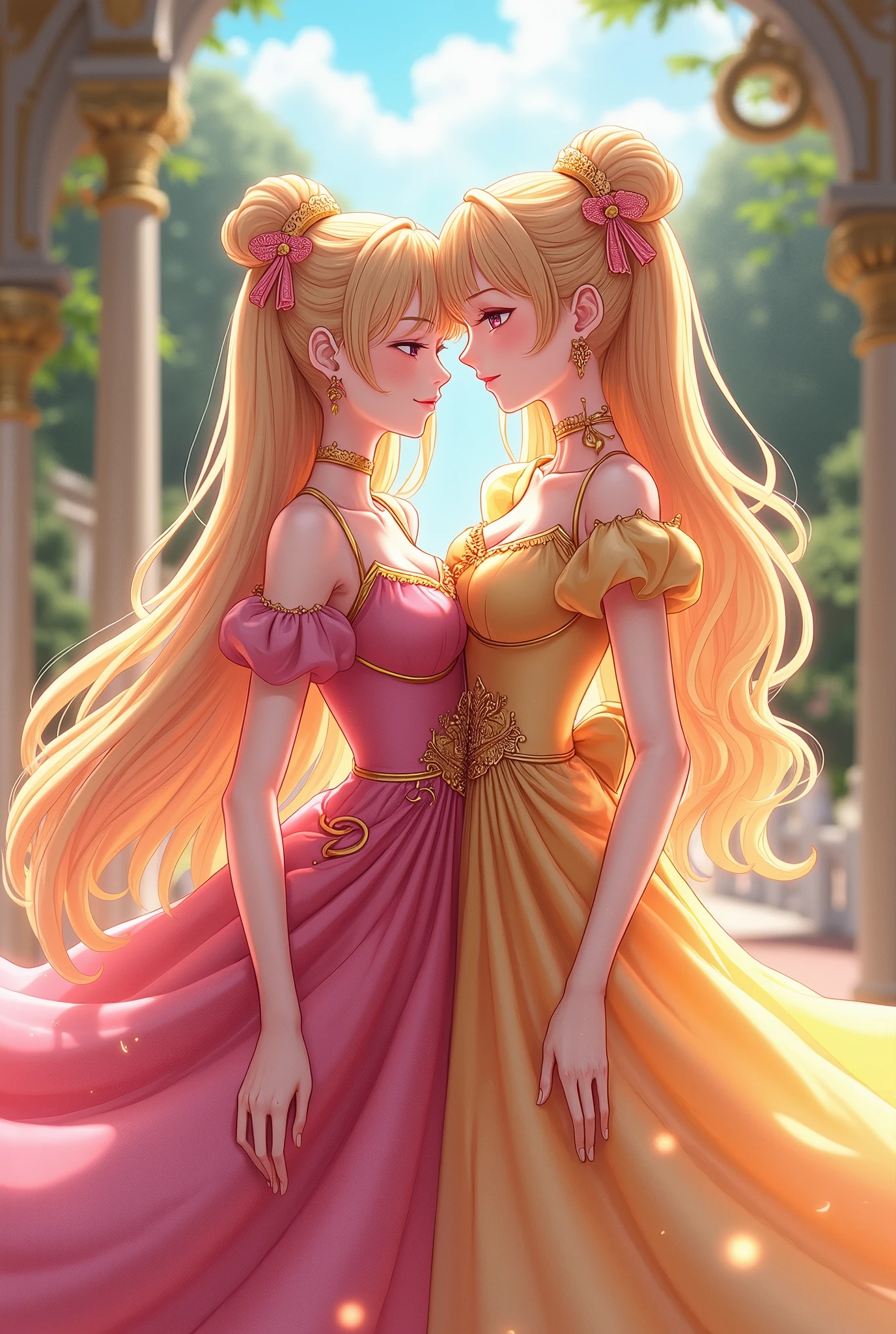 The Rose of Versailles anime, A beautiful being like a goddess,  colorful dress , smile, friendship pose, Palace of Versailles,  best quality,  high image quality, 8k,  anime art, 