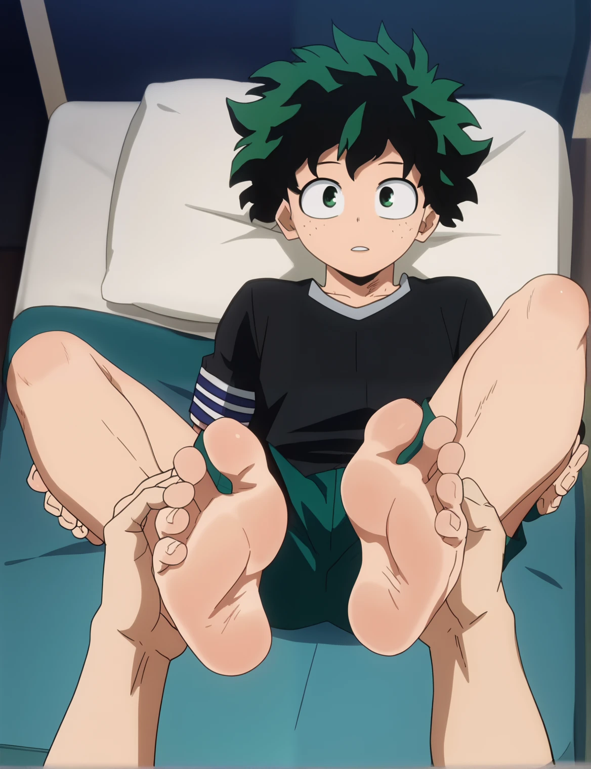 Score_9, score_8_up, source_anime, 1boy, big eyes, Midoriya Izuku, alone, looking at viewer, in his bedroom, night, lying on the bed with his back against the mattress, lifting legs to show his soles, from above, cowboy shot, ANIME SCREENCAP, anime coloring, barefoot, perfect feet, anatomically correct, soles, focal length 35mm, each foot has five toes, front, symmetrical soles, foot focus, black shirt, green shorts