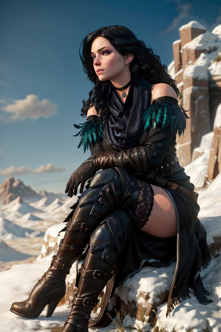 (masterpiece, best quality:1.2),  yenW3_soul3142, 1girl, solo, long hair, black hair, purple eyes, scarf, black dress, bare shoulders, feathers, thighhighs, gloves, sitting, boots, sky, choker, day, elbow gloves, cloud, crossed legs, realistic