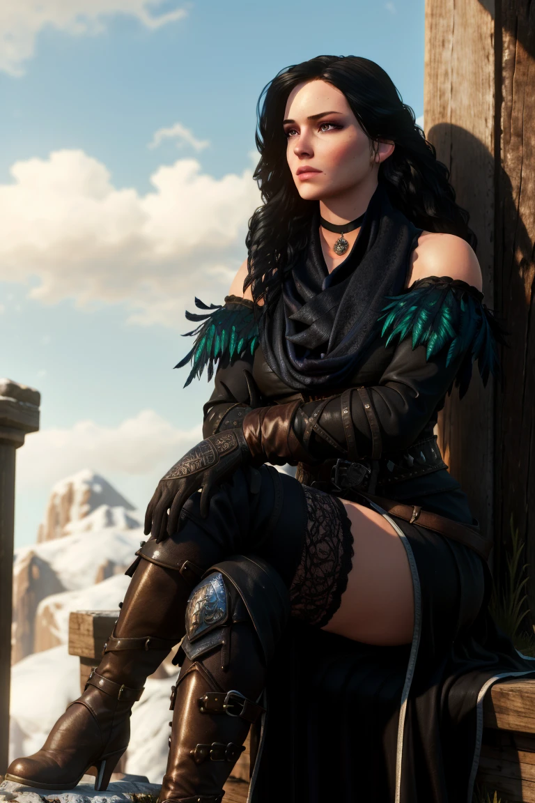 (masterpiece, best quality:1.2),  yenW3_soul3142, 1girl, solo, long hair, black hair, purple eyes, scarf, black dress, bare shoulders, feathers, thighhighs, gloves, sitting, boots, sky, choker, day, elbow gloves, cloud, crossed legs, realistic