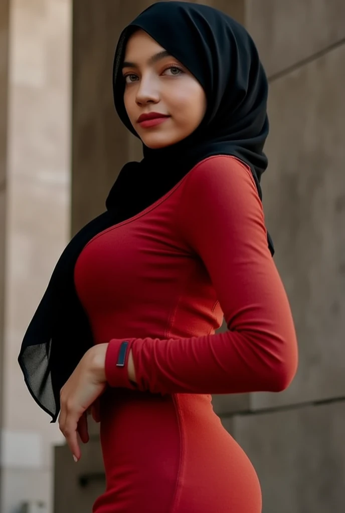 Hijab, a woman with huge breasts and slender body and rounded ass, wearing a fitted long-sleeved shirt, red dress and a black hijab,dynamic pose, dynamic background, dynamic lighting, high quality, 4K