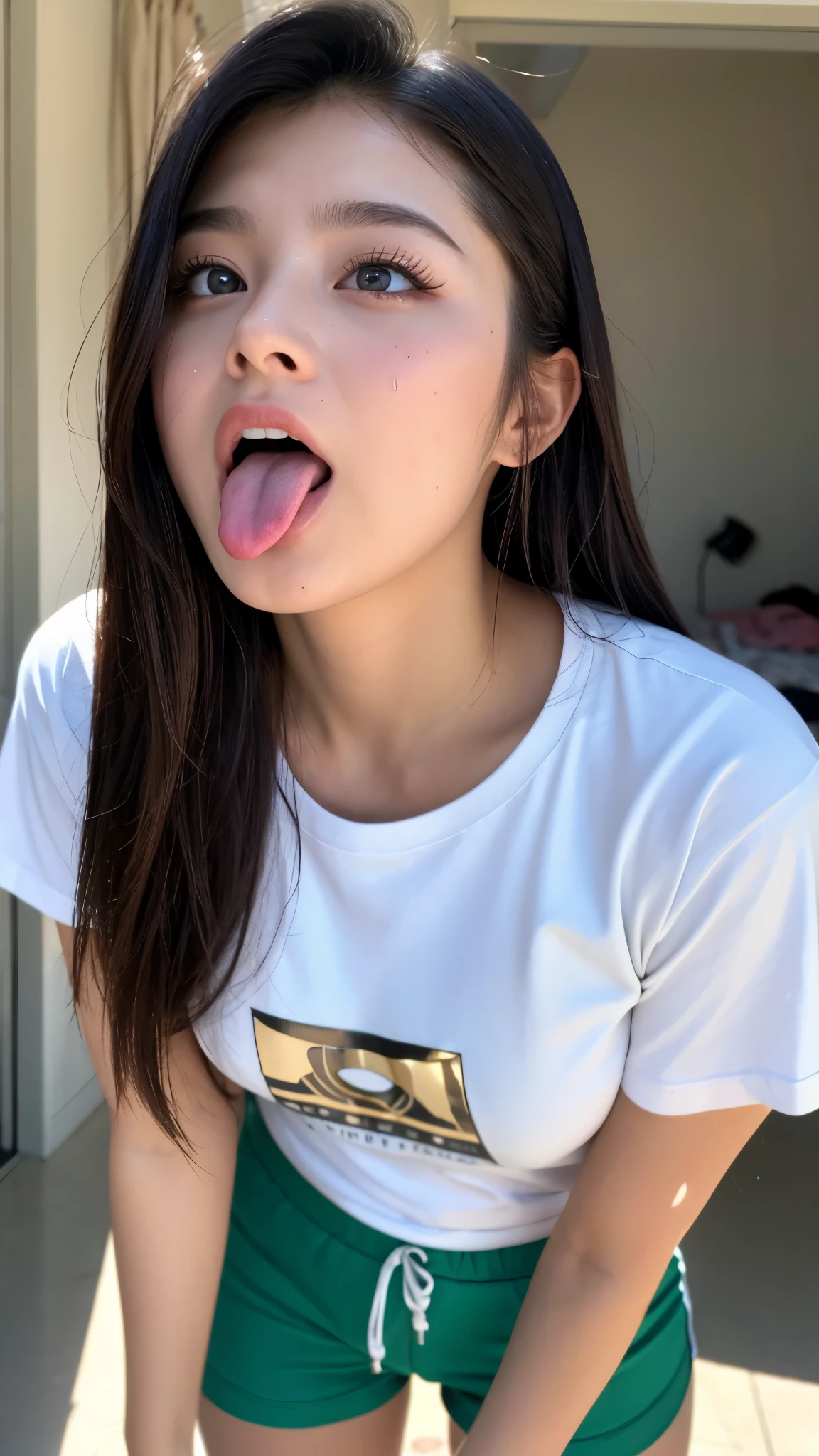 1 girl, naked under a jacket and tabletop ,,Award-winning photo, very detailed, face close-up 、 keep your eyes focused , Nose and mouth, Face Up , woman with her mouth open and eyes closed , Face Up の接写、age: 18 , dark-haired、Symmetrical face, Insulated 、angle from below、 Dilated C-shaped nostrils 、 sweated skin、 sweated, Lighting that highlights shiny skin 、((( loose fit t-shirt , shorts),)) sweated, shiny skin、shiny skin、 big eyes、 double eyelid 、( lighting that highlights the tongue is wet and glowing ) ((Wet tongue)) (()) Disneyland,Taylor Hill, hyperrealistic ,real skin、Nogizaka Members,Detailed and realistic eyelashes and double eyelid s, Big Breasts