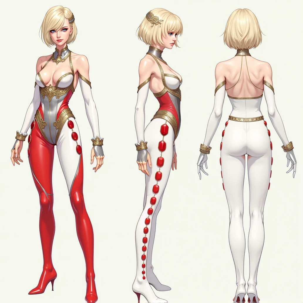 Barbie cartoon style, with brown eyes,short white hair ,dressed in an inverted triangle-shaped corset , Red color with white stripes,white pants,black heels