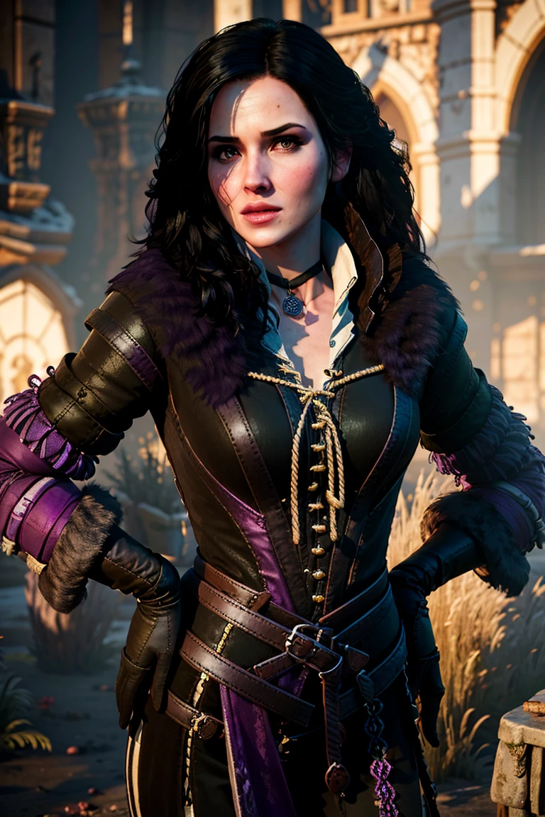 A half body shot of yennefer wearing a purple dress  in the style of y3nn3f3r