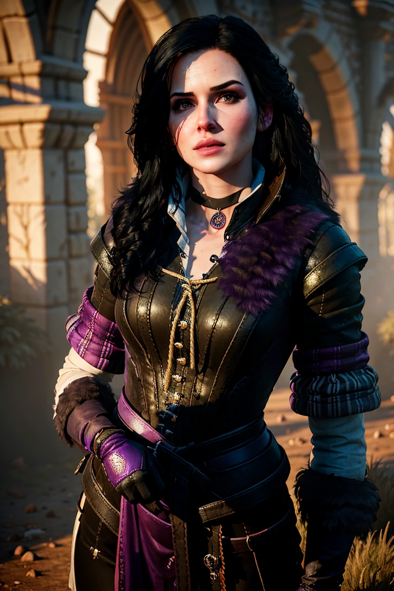 A half body shot of yennefer wearing a purple dress  in the style of y3nn3f3r