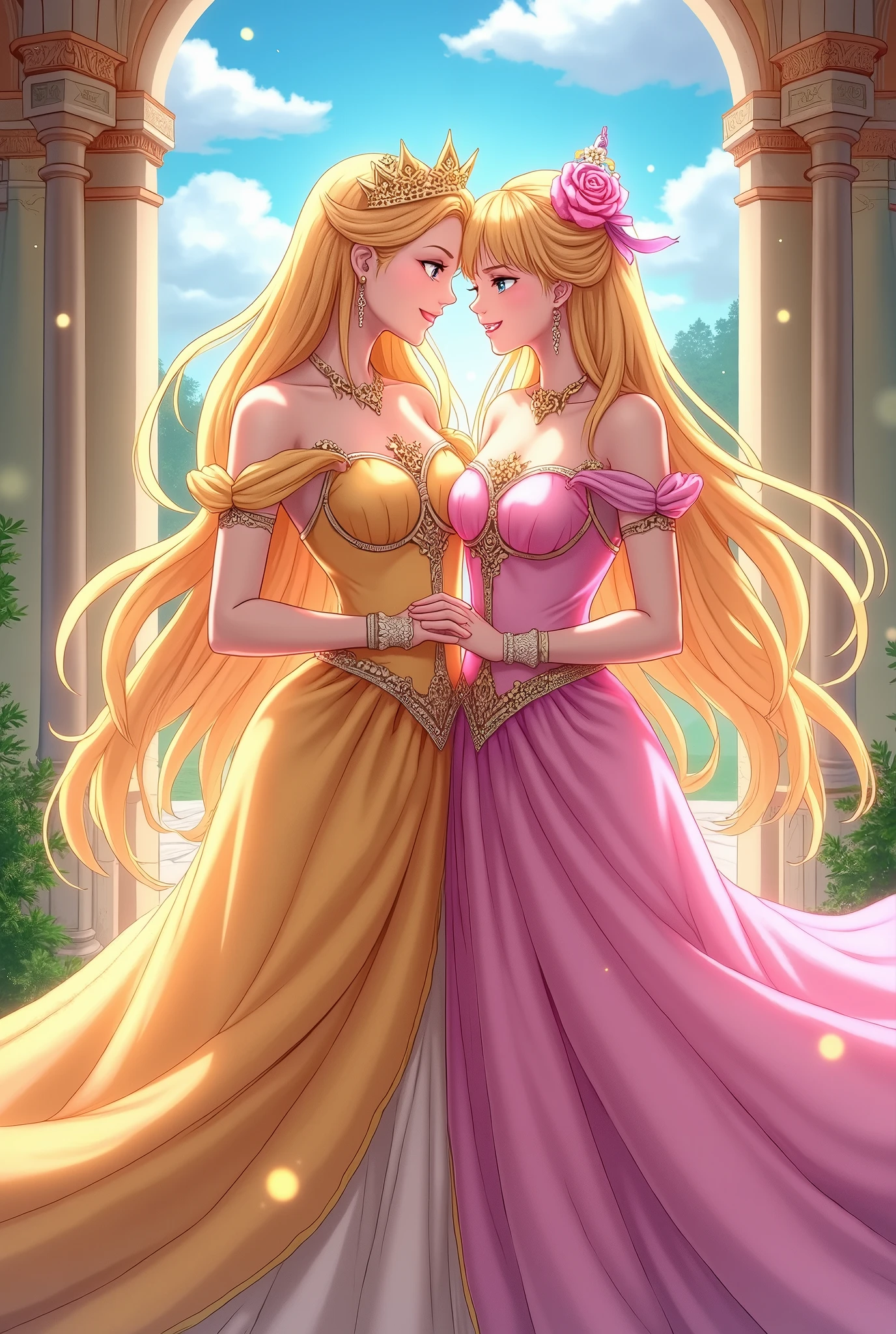 The Rose of Versailles anime, A beautiful being like a goddess,  colorful dress , smile, friendship pose, Palace of Versailles,  best quality,  high image quality, 8k,  anime art, 