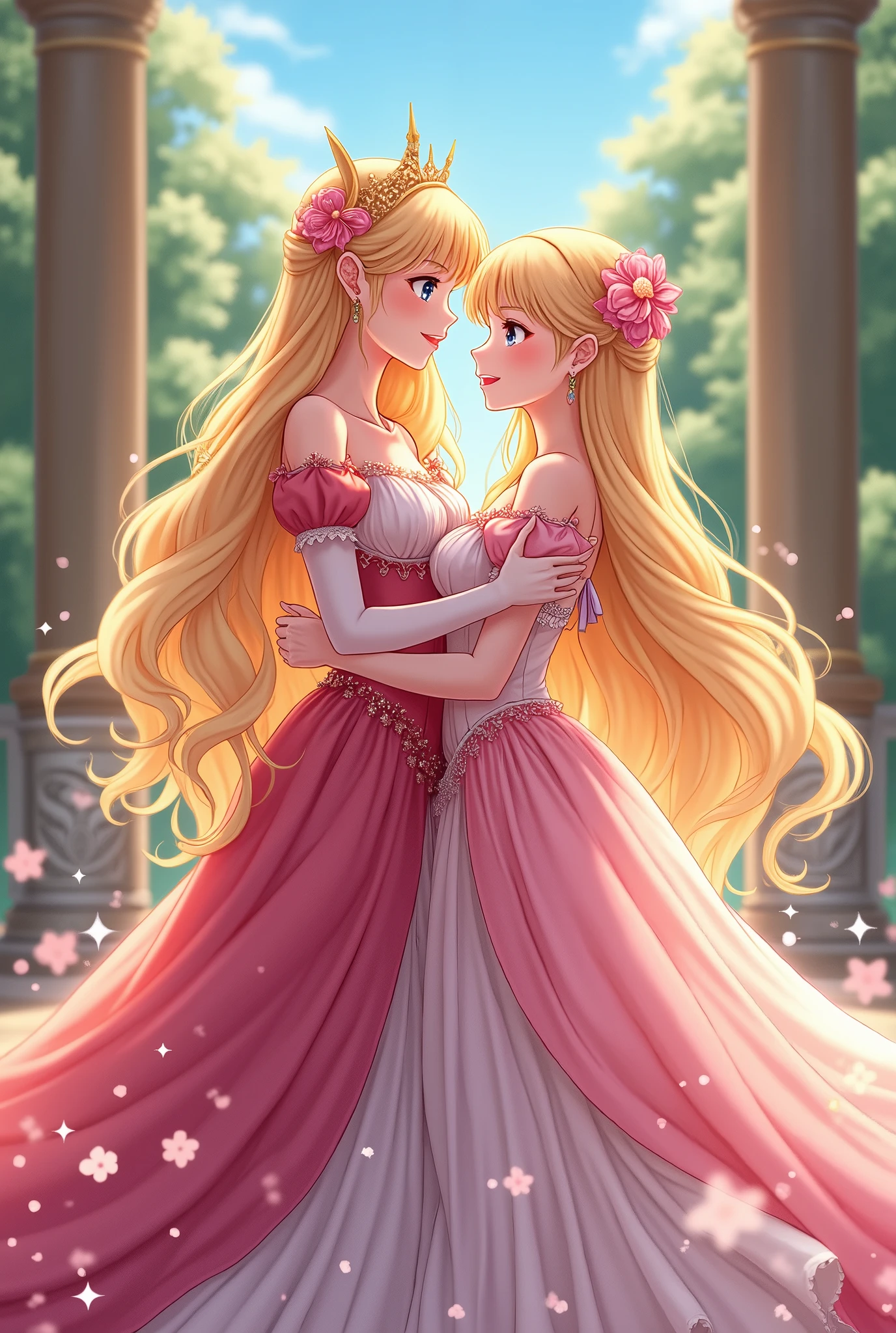 The Rose of Versailles anime, A beautiful being like a goddess,  colorful dress , smile, friendship pose, Palace of Versailles,  best quality,  high image quality, 8k,  anime art, 