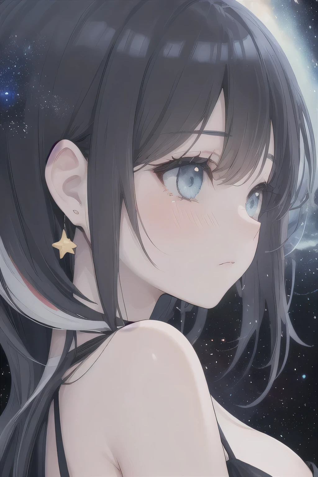 In close-up, the profile of a woman's face is depicted, highlighting a solitary tear running down her cheek. This tear is magnificently rendered, reflecting a vast universe within it. The stars twinkle, and galaxies swirl in a fantastical spectacle captured within the tear. The background is simple, in shades of black and deep blue, accentuating the universe within the tear. This exquisite image, whether a painting or a photograph, captures the beauty and depth of emotion in the woman's tear-streaked face. It is a stunning display of artistry and emotion, evoking a sense of both wonder and melancholy.