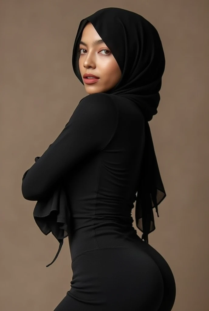 naked Hijab, a woman with huge breasts and slender body and rounded ass, wearing black hijab,naked,dynamic pose, dynamic background, dynamic lighting, high quality, 4K