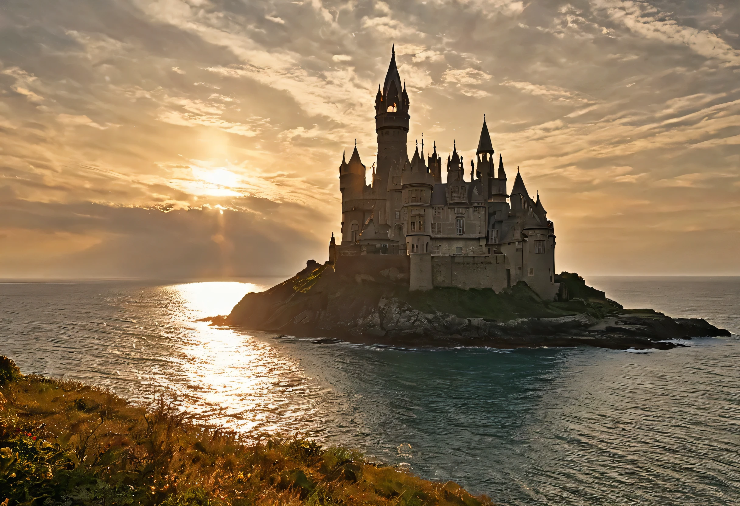 The image shows a majestic castle with a tall tower and a large clock, perched on a cliff overlooking a calm sea, with the sun setting, creating a serene and picturesque scene.