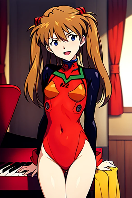 (( top quality )), ((masterpiece)), (be familiar with),  perfect face, indoor, bedroom,  Watching Viewers ,
One woman,  Soryu Asuka Langley,
 open mouth,  ecstatic expression beside the piano, blush, smile,
 small tits,  flat chest, Young girl, Lori,  s,  girl,
 long hair,  twin tails,
Leg spread,