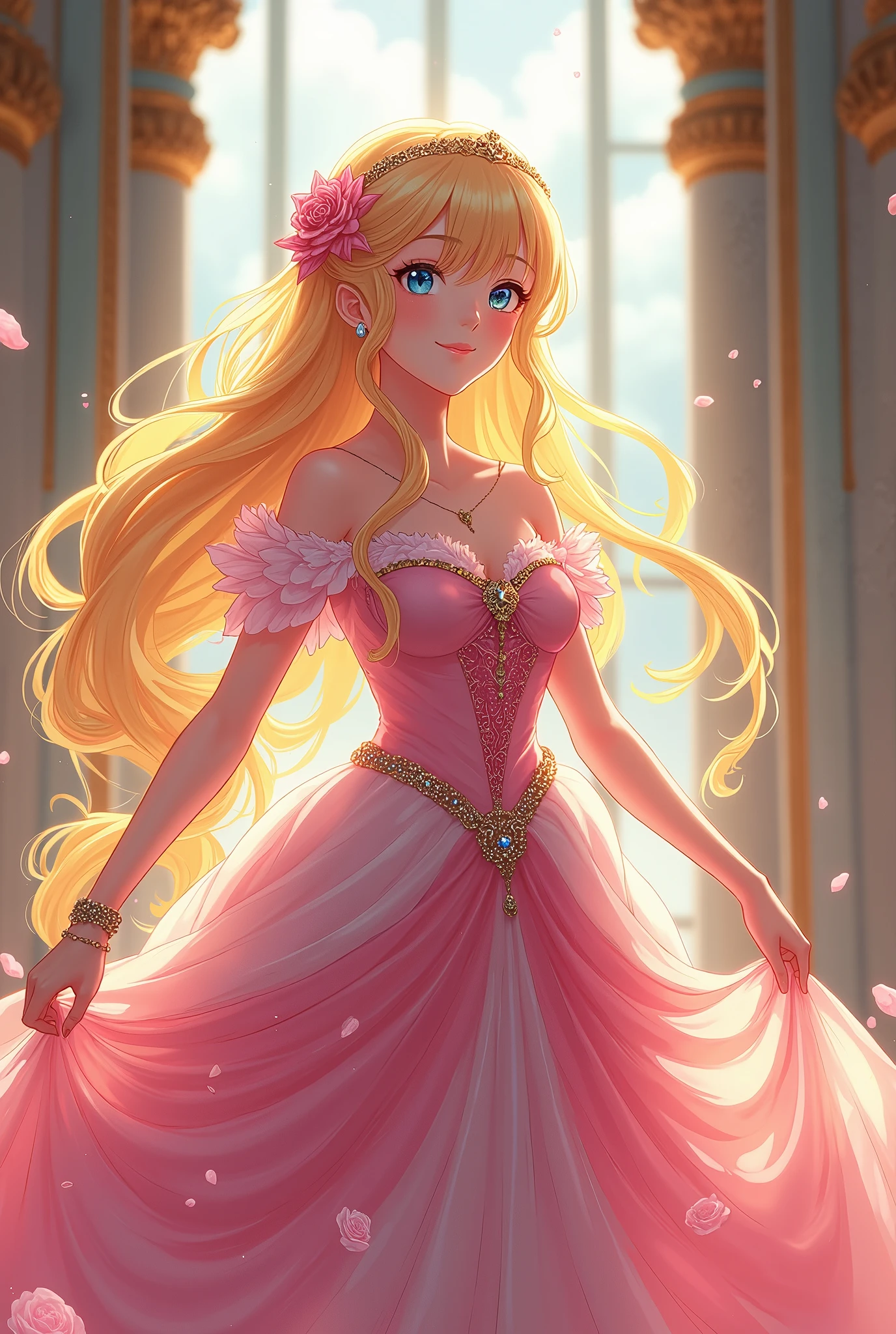 The Rose of Versailles anime, A beautiful being like a goddess,  colorful dress , smile, friendship pose, Palace of Versailles,  best quality,  high image quality, 8k,  anime art, 