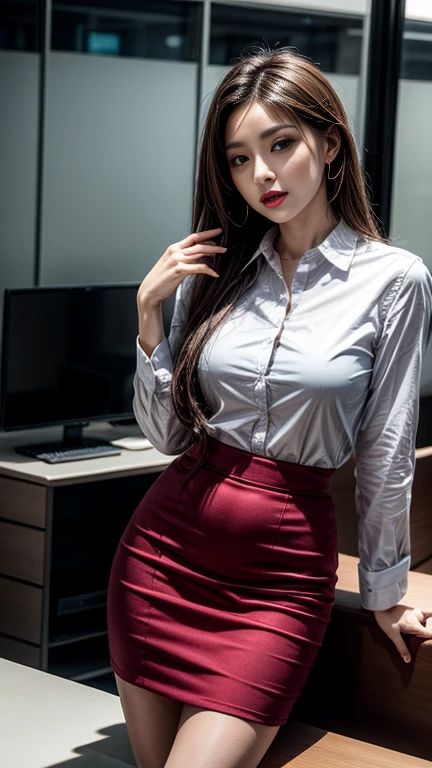 A beautiful woman, 1 girl, solo, sitting at an office desk, with a white blouse between open, short red skirt, the woman has long hair wears glasses, is in high heels, is biting a pen with sensual expression, has beautiful breasts, beautiful ass, perfect body, anatomically perfect hands and legs