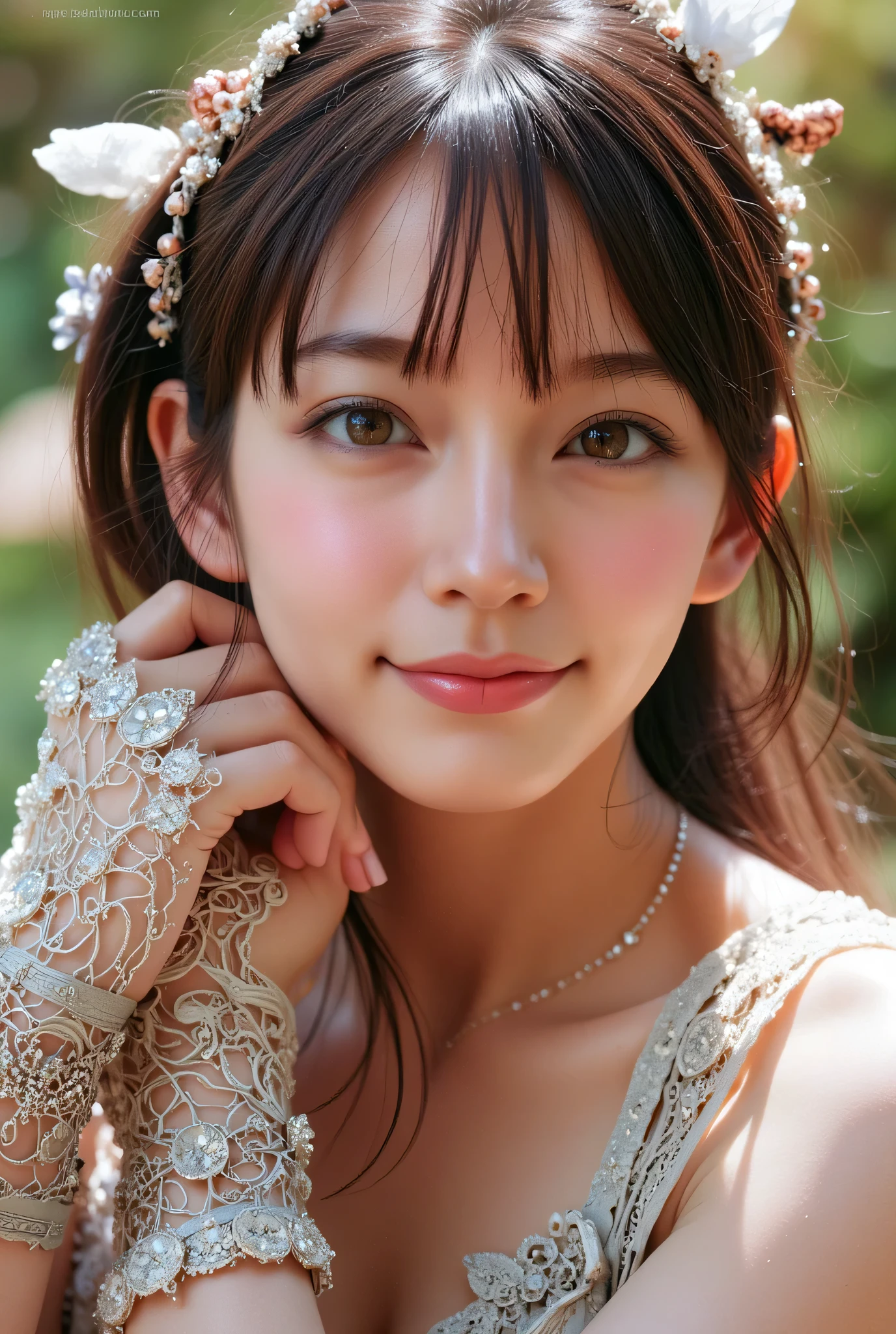 ((naked)) close-up portrait . From intricate embroidery to delicate jewels adorning cuffs 、bangs , in the sunshine , an eye-catching . She is smiling happily. this composite photo captures a strange blend of fantasy and reality. )