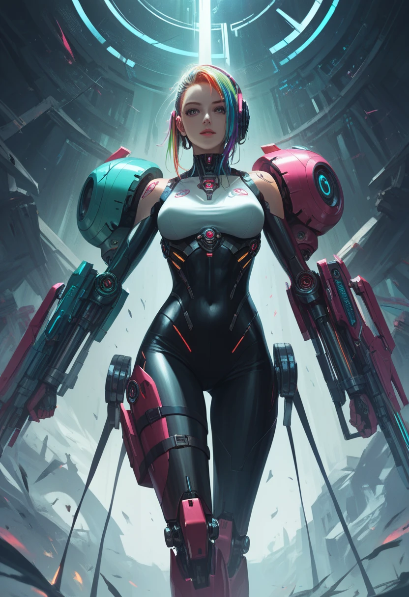 turanga leela, 1girl, solo, purple hair, ponytail, huge breasts, long hair, pants, tank top, cyberware, (bionic limbs:1.4), metalic ribs, cyberpunk, futuristic, dystopia, makeup, cleavage, lipstick, toned, cyclops, black leggins, lips, white tank top, bare shoulders, ((one-eyed)), masterpiece, best quality, cup, sitting, alcohol, wine, looking at viewer, stool, light particles, indoors,