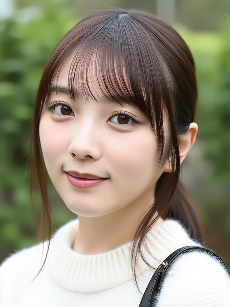 yoda_yuuki, The image is a close-up portrait of a young woman with long hair and bangs, The hair tips are wavy. Her skin is very fair and her figure is slim. She looked at the camera with a smile on her face. She is wearing a white sweater and has a Black shoulder bag slung over her shoulder. The background appears to be a park or garden with trees and bushes.