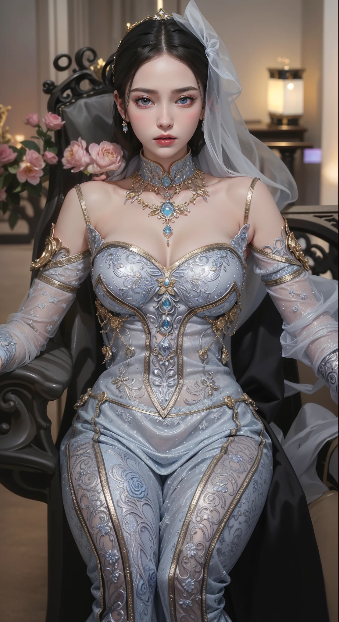 (masterpiece:1.2, highest quality), realistic, (real picture, intricate details, Depth of the bounds written,purple high neck lace costume), parted lips, very detailed, perfect face, perfect body, large model,indoor background,It's all made of lace fabric and all of your skin is visible through it.,Nude-like costume,
mature woman, expensive, long legs, embellished costume,
natural bokeh background,random hairstyles
