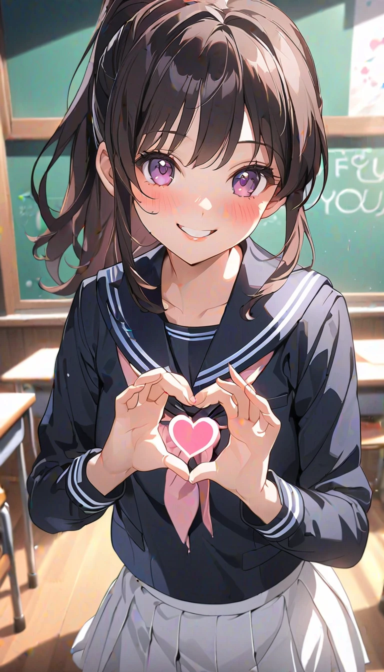 (highest quality、In 8K、32K、masterpiece、nffsw、Super high resolution、Impressionism、Photoreal:1.2)、angle from above、high angle、big breasts、cowboy shot, detailed face and eyes、 inside the classroom、School、sunset、beautiful face、blurred background、16 year old beautiful girl、shiny skin、short hair、beautiful black hair、dull bangs、red eyes、(headband:1.2)、sailor suit、plaid skirt、curve、get down on one knee、close your mouth,smile、(((heart hands)))