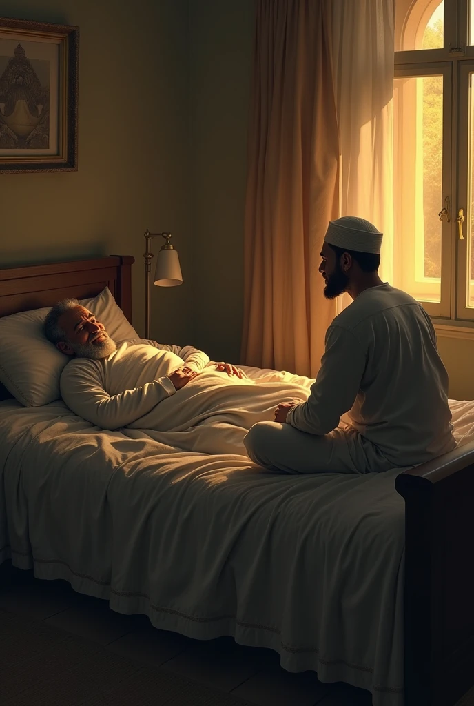 A Muslim man lying on his bed saying something to his son while dying.