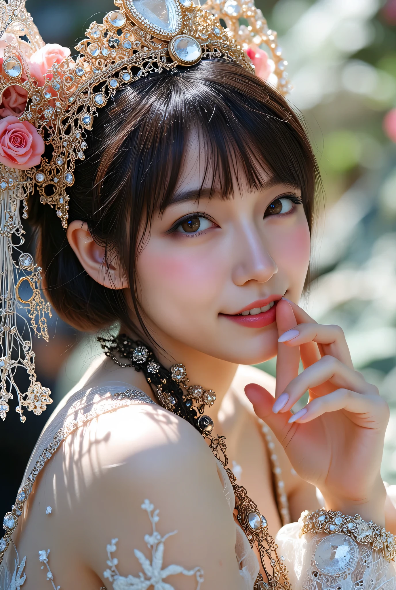 ((naked)) close-up portrait . From intricate embroidery to delicate jewels adorning cuffs 、bangs , in the sunshine , an eye-catching . She is smiling happily. this composite photo captures a strange blend of fantasy and reality. She is gorgeous , carve々 and a sparkling costume that changes color , presence with transcendental power . Every detail of the costume is carefully depicted , From delicate embroidery to adorned jewels . rich in depth and texture , an experience that completely immerses the viewer .(Translucent image :1.5)