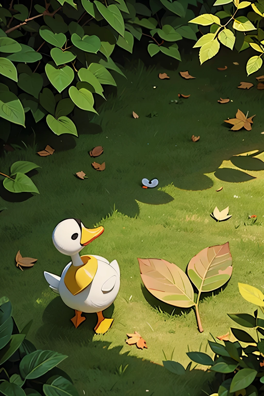 a duck, a small leaf on the ground, question mark