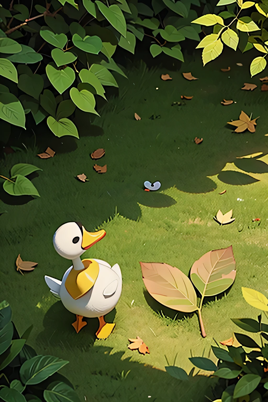 a duck, a small leaf on the ground, question mark