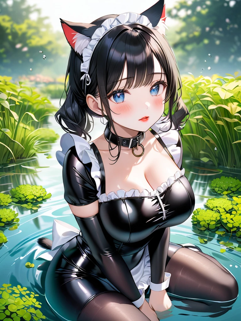 Full body portrait，Baby Face Big Breasts， detailed facial details ，Cat ears， red lips，Blue pupil， blush，shy， long black hair，Collar，Strappy black latex tight maid outfit， radiant skin ，Sitting in the water ，Waterweed，duckweed，garden