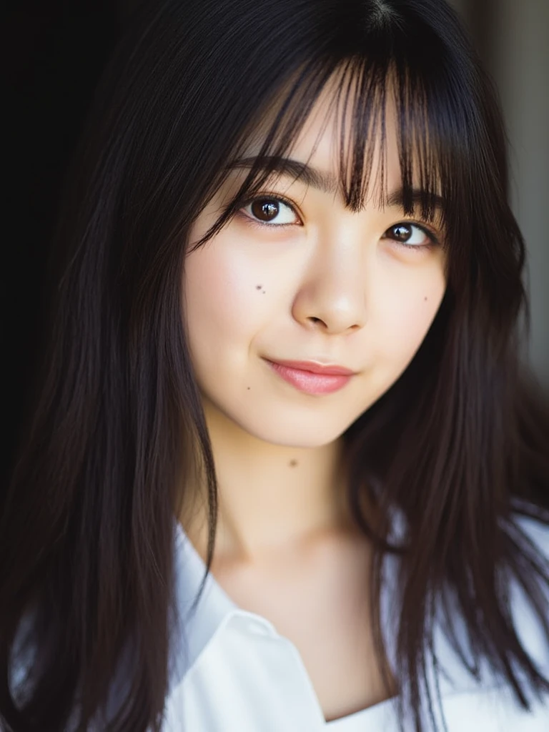   The image is a close-up portrait of a young woman named Ayame with long black hair and bangs.   looking directly into the camera with a serious expression . Her hair is styled in loose waves,、It hangs on the shoulder . Wearing a white shirt.   her lips are smirking faintly 、Her eyes are deep blue  .   The background is blurry  ,  The image focuses on the woman's face  . 