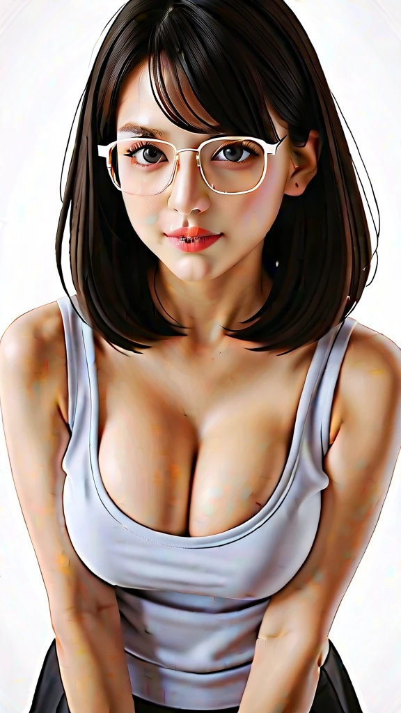  neat round cute like doctor woman, (masterpiece,  top quality ,  Details, 8k),  serious face,  long bob hair ,  Dark Brown Hair,  natural huge boobs , (Cleavage:1.5), cotton grey u neck tank top, White, Good-looking glasses ,  look at you,  from above