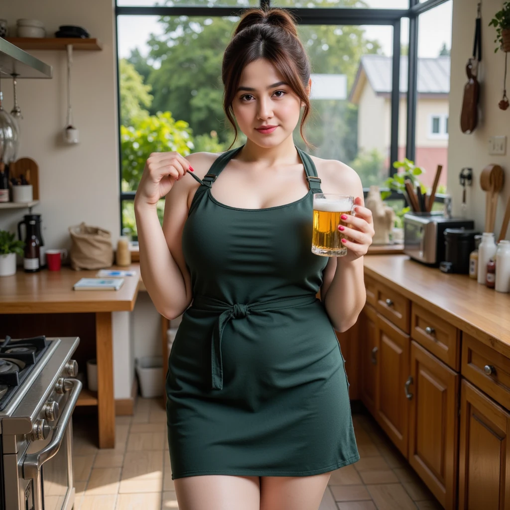 Frontal view. High quality. Full-length photo. Beautiful pleasant woman 30-32 years old, abnormal colossal biggest lush jambo tits full-breasted, short wavy dark red hair slicked back, in a dark green short small sized kitchen apron with hohloma deep neckline on her naked body, brewing homemade beer. Naked gorgeous legs X-position and (knees:1.1). Lovely nice knees. Divine waist. Beautiful hips. Hanging tits. She is gorgeous. Red manicure. She is holding a mug full of fresh beer with a large foamy head in her hand. The home brewery is located outside. In the background is a private house, a modern vat for brewing beer, a stove, bags of grain, spices, hops and a lot of utensils. A little steam is visible. Very light photo. Daylight. Lots of daylight. The face is brightly lit by daylight. The sun is shining on the front of the body. The sun is behind the photographer.