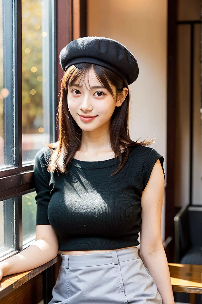 (masterpiece, best quality, perfect anatomy, highres, 8k, realistic, photorealistic, natural skin texture, no makeup:1.2), (afternoon:1.5), 1girl, solo, Japanese, age20, female fashionable university student, very cute, (large breasts:1.4), sitting by a café window, (holding a warm cup with both hands), devilish smile, long straight hair, wearing a beret and a mini skirt, natural sunlight illuminating her face, autumn vibes, cozy interior, vertical composition, jp idol, inugao