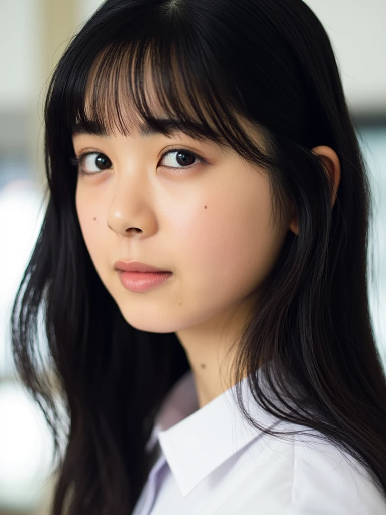 The image is a close-up portrait of a young woman named Ayame with long dark hair and bangs. She is looking directly at the camera with a serious expression on her face. Her hair is styled in loose waves and falls over her shoulders. She is wearing a white shirt. She has a slight smile on her lips and her eyes are a piercing blue. The background is blurred, making the focus of the image the woman's face the focal point. 