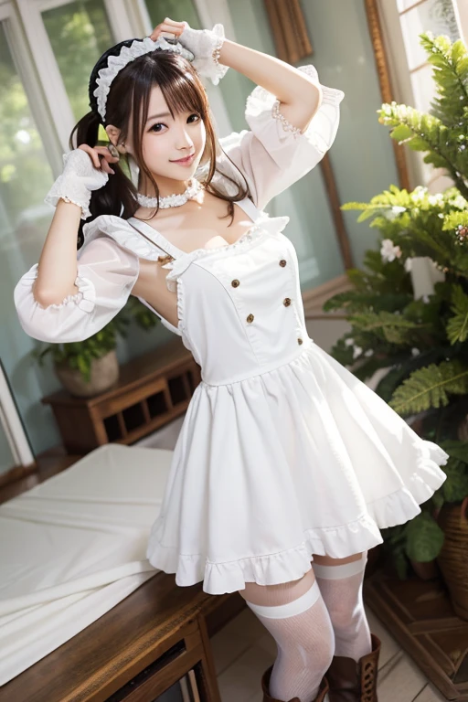  Japanese model posing wearing a white dress and boots、Maid Dress, Twin tails white_ gloves,  white fluffy clothes , Maid outfit, Beautiful dress in white,  Maid Dress,  elegant and charming cosplay ,  Cute Like an Angel , 、 Dress camera looking at camera 、 Detailed Beautiful Eyes 、 cute smile、 a soft and gentle expression 