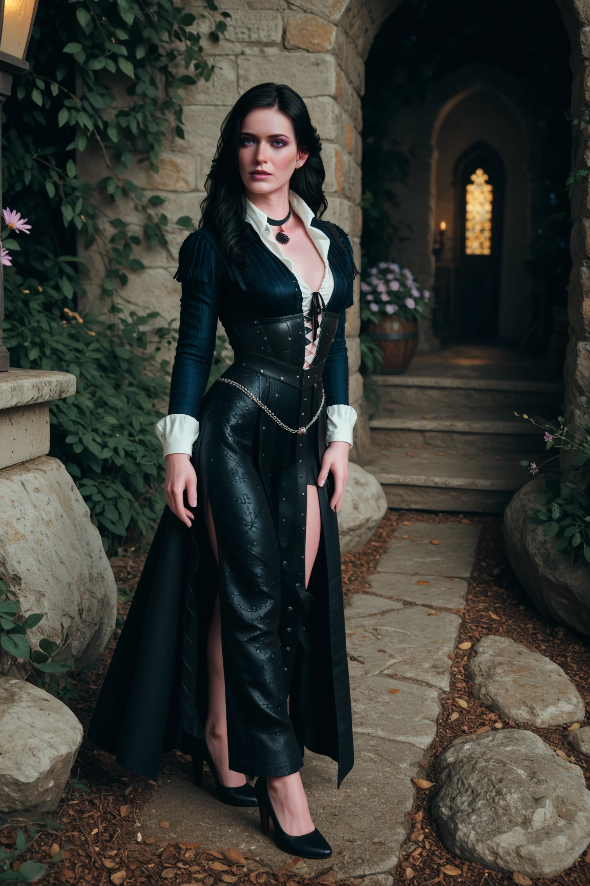 TW3Yennefer, 1girl, black hair, purple eyes, long hair, (TW3Yennefer as Yennefer from The Witcher), full body