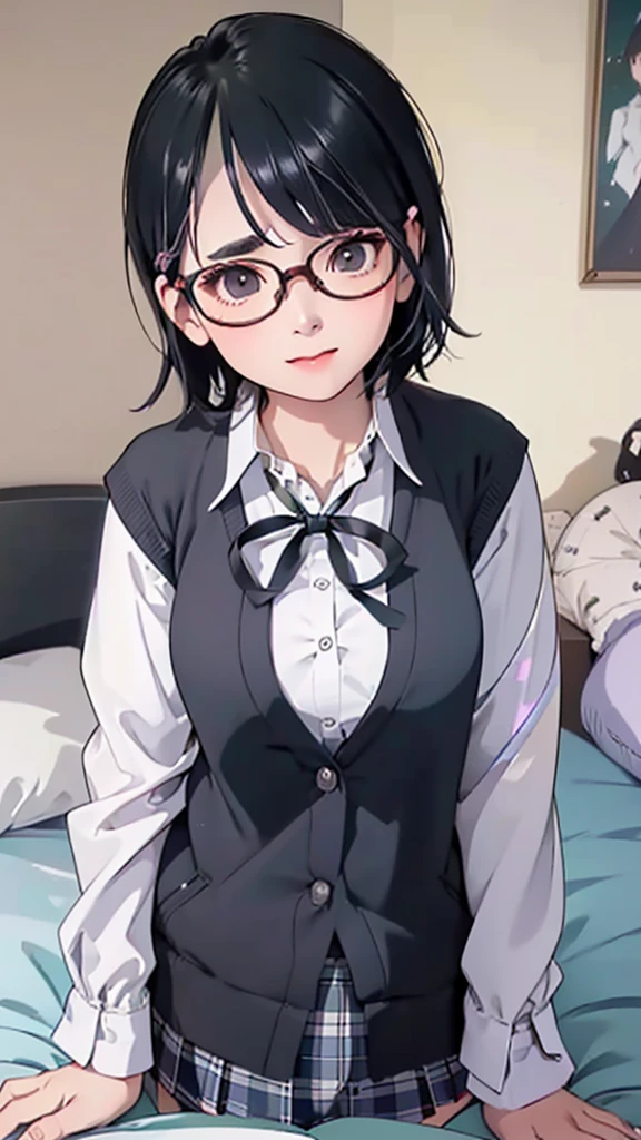  top quality 、 realistic 、woman、zoom、cute、 gray eyes、 black hair、(( shortcuts:1.7))Glasses、Ivory Blazer、 white blouse、ribbon、 green plaid pleated skirt、glass、 cross your arms a little、 Look Down、smile、Bust、((Sit on the bedroom sofa))((Photograph the whole body))