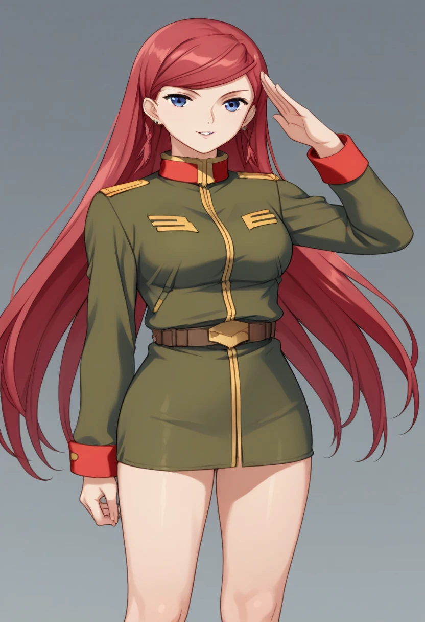 score_9, score_8_ up, score_7_ up, score_6_ up, score_5_ up, score_4_ up,  Source_Anime,  twin blade , Red Hair,  long hair,  Shirley Ramsay,blue-green military uniform、salute