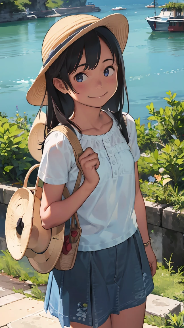 There are lying silkworms,ssmile,The little girl was carrying a black cross-body bag,Small pink slippers,Denim skirt