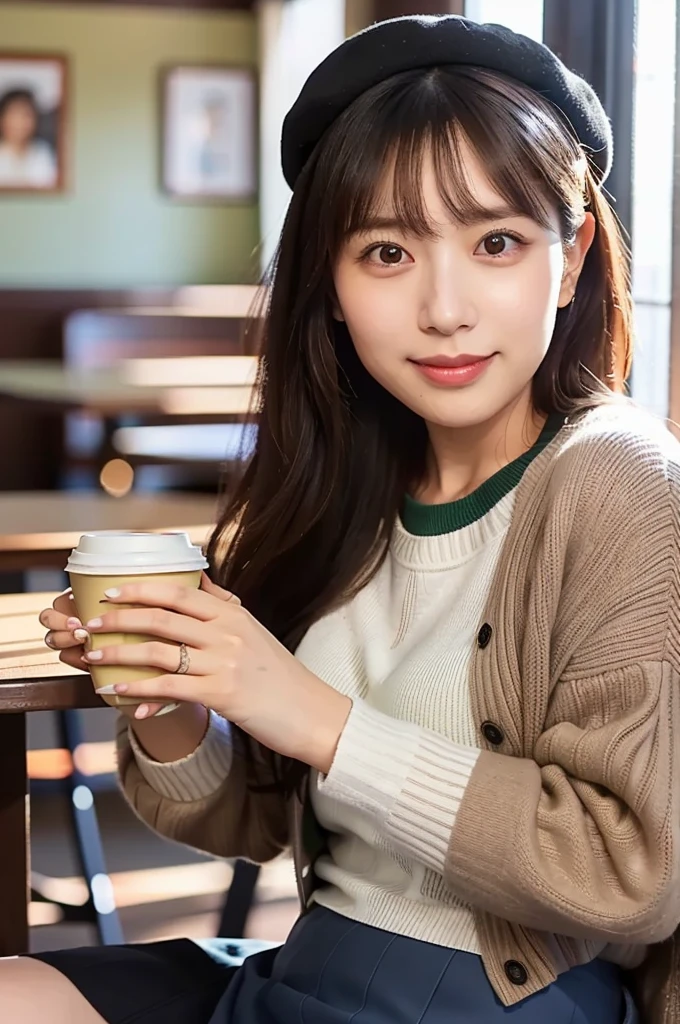 (masterpiece, best quality, perfect anatomy, highres, 8k, realistic, photorealistic, natural skin texture, no makeup:1.2), (afternoon:1.5), 1girl, solo, Japanese, age20, female fashionable university student, very cute, (large breasts:1.4), in a café, (sitting by a café window), (holding a warm cup of coffee with both her hands:1.5), devilish smile, long straight hair, wearing a beret and a mini skirt, natural sunlight illuminating her face, autumn vibes, cozy interior, vertical composition, jp idol, inugao