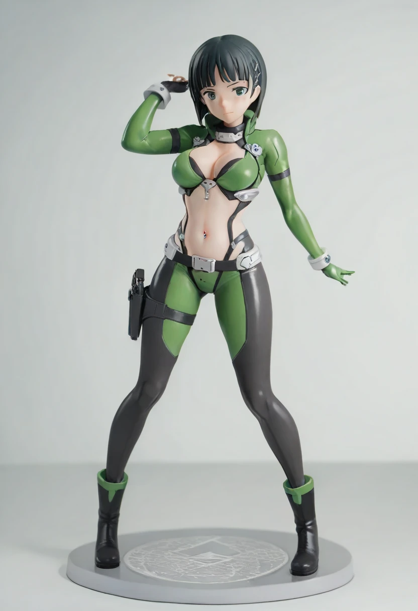 pt，suguha, Figure，What is the standard ratio of the color of the fabric for shooting pose ,Medium breast, high leg,Sexy outfits with lots of exposure, glossy black and green coloring near-future survival game reverse bodysuit with lots of exposure ， indicators that light up everywhere on the bodysuit  ,女の子の Figure ，suguha，breast，Belly button， stomach are exposed， cleavage，Lower abdomen，（ has exposed inner thighs），holster，standing , fullbody , toe， big sci-fi game guns , boots, Sinon's Bodysuit , my chest is exposed,