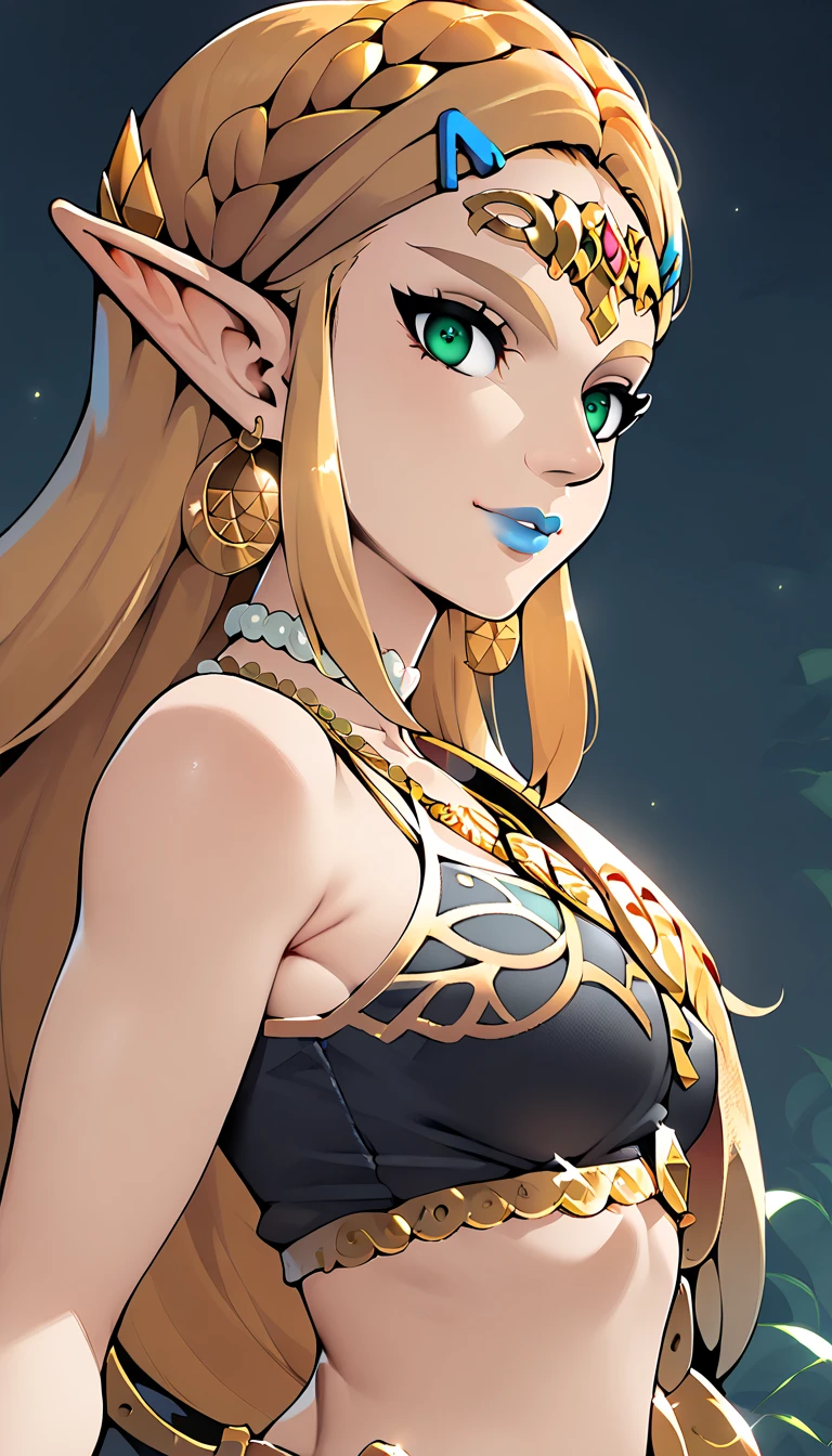 Score_9, Score_8_high, Score_7_high, Score_6_high, geewhy_Stil, Princess Zelda,
 1 girl, Alone,  looks at the viewer ,  jewelry, Gold,  long hair, green eyes, blonde hair, Point-eared , fair-skinned woman, makehigh, lipstick,  Necklace, blue lips, Breasts,  bare shoulders,  crop top
cowboy shot ,  Dutch angle ,  Easy smile, 
