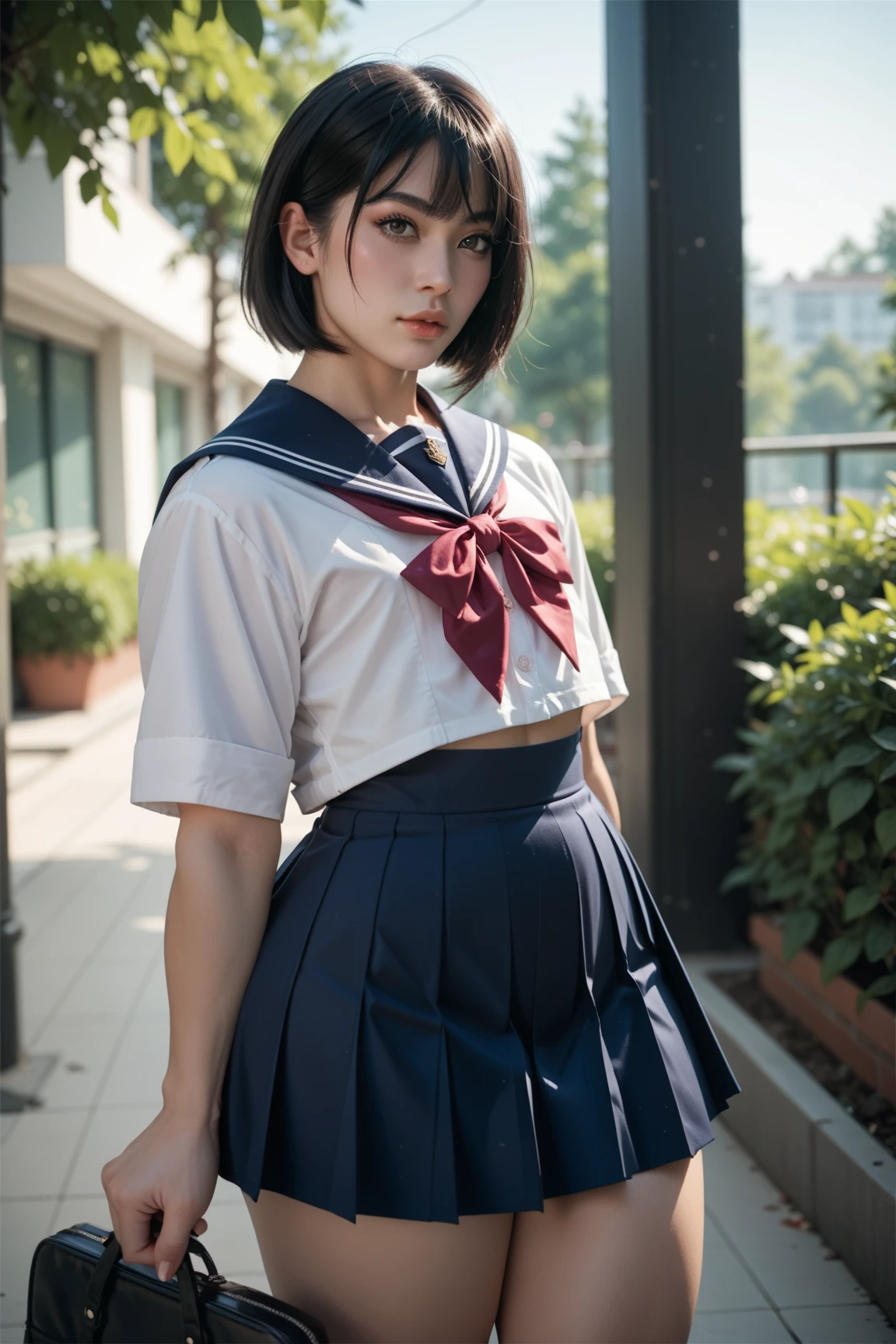  femboy, trap,  one boy , Male physique,   tall ,   facing the front,  standing,  good style ,curvilinear,  skirt, Rin々 with dark eyes, Long black hair,   Wide Hips,  high school girl uniform 