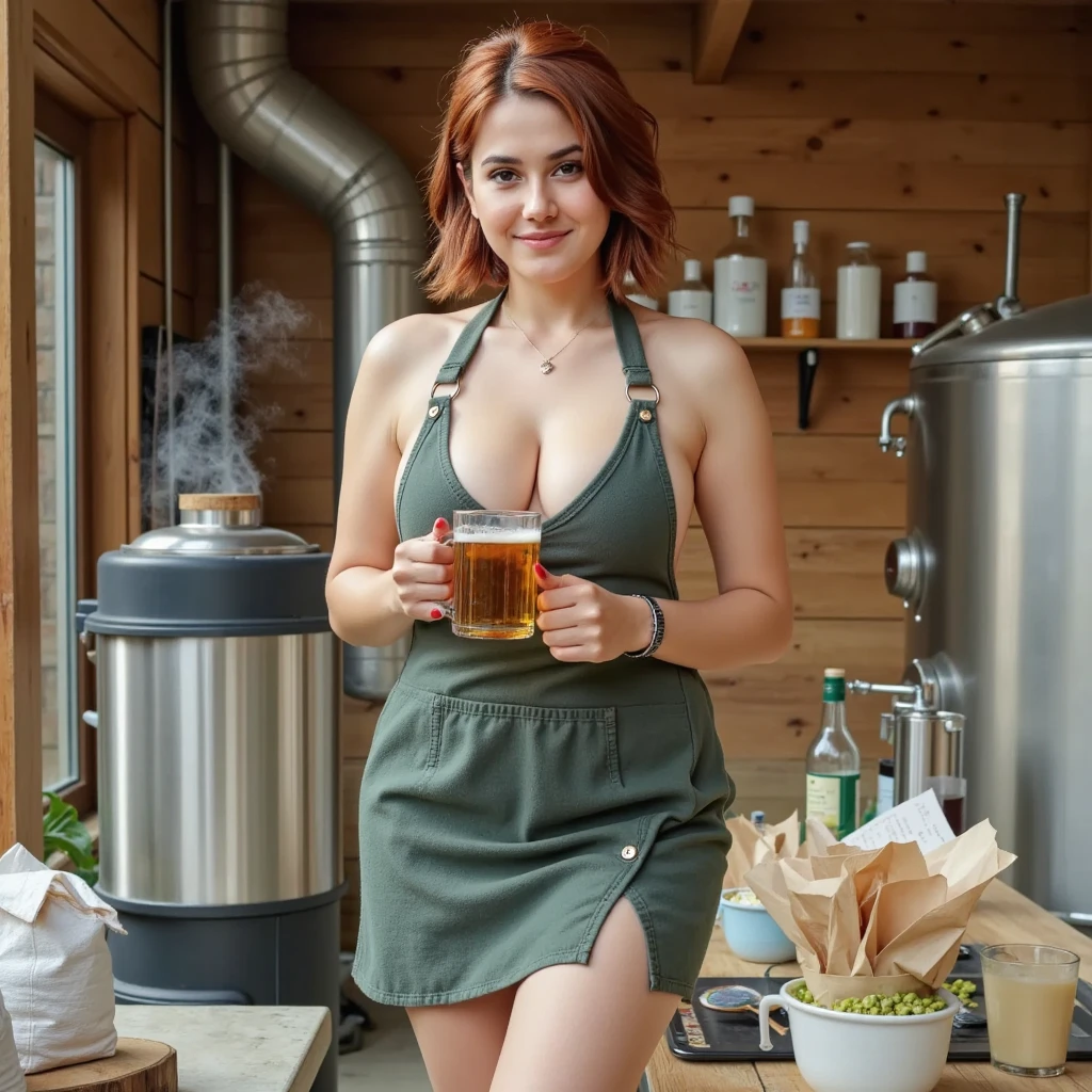 Frontal view. High quality. Full-length photo. Beautiful pleasant woman 30-32 years old, abnormal colossal biggest lush jambo tits full-breasted, short wavy dark red hair slicked back, in a dark green short small sized kitchen apron with hohloma deep neckline on her naked body, brewing homemade beer. Naked gorgeous legs X-position and (knees:1.1). Lovely nice knees. Divine waist. Beautiful hips. Hanging tits. She is gorgeous. Red manicure. She is holding a mug full of fresh beer with a large foamy head in her hand. The home brewery is located outside. In the background is a private house, a modern vat for brewing beer, a stove, bags of grain, spices, hops and a lot of utensils. A little steam is visible. Very light photo. Daylight. Lots of daylight. The face is brightly lit by daylight. The sun is shining on the front of the body. The sun is behind the photographer.