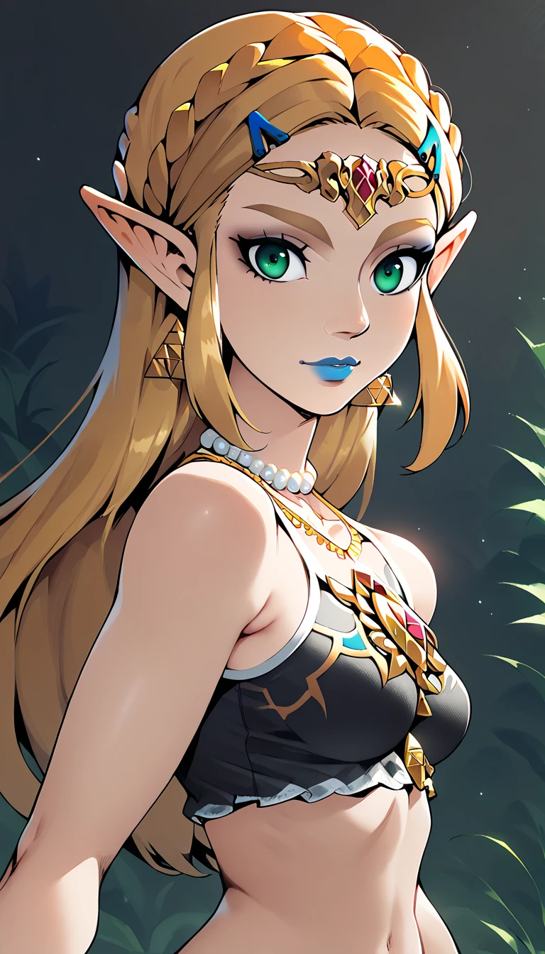 Score_9, Score_8_high, Score_7_high, Score_6_high, geewhy_Stil, Princess Zelda,
 1 girl, Alone,  looks at the viewer ,  jewelry, Gold,  long hair, green eyes, blonde hair, Point-eared , fair-skinned woman, makeup, lipstick,  Necklace, blue lips, Breasts,  bare shoulders,  crop top
cowboy shot ,  Dutch angle ,  Easy smile, 
