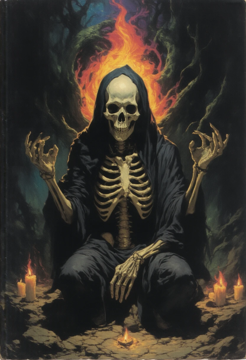 Um Necromante sombrio, (illustration style), casting spells, papel de parede, fundo intrincado, amazing background, (como uma arte de capa de filme de terror)