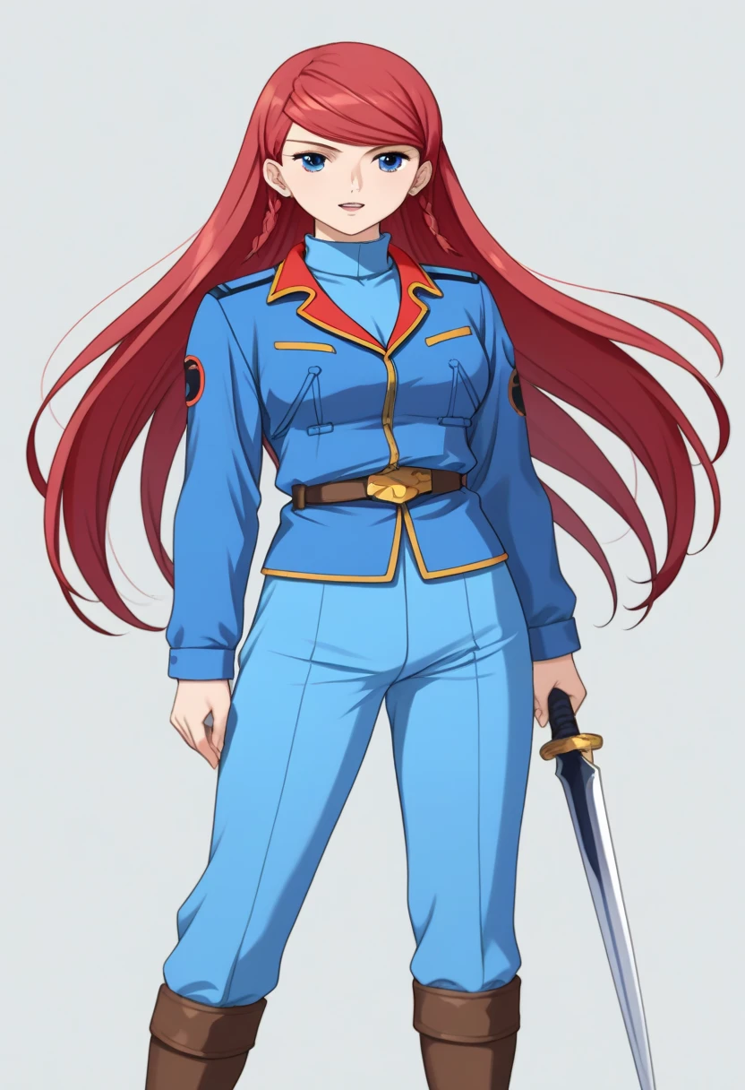 score_9, score_8_ up, score_7_ up, score_6_ up, score_5_ up, score_4_ up,  Source_Anime,  twin blade , Red Hair,  long hair,  Shirley Ramsay,Blue military uniform