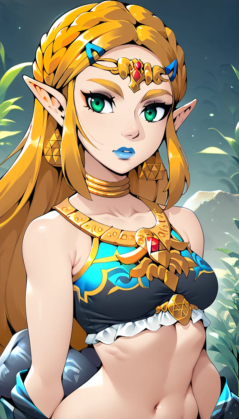 score_9, score_8_up, score_7_up, score_6_up, geewhy_style, princess Zelda, 1girl, solo, looking at viewer, jewelry, gold, long hair, green eyes, blonde hair, pointy ears, light-skinned female, makeup, lipstick, neck ring, blue lips, breasts, bare shoulders, crop top cowboy shot, 