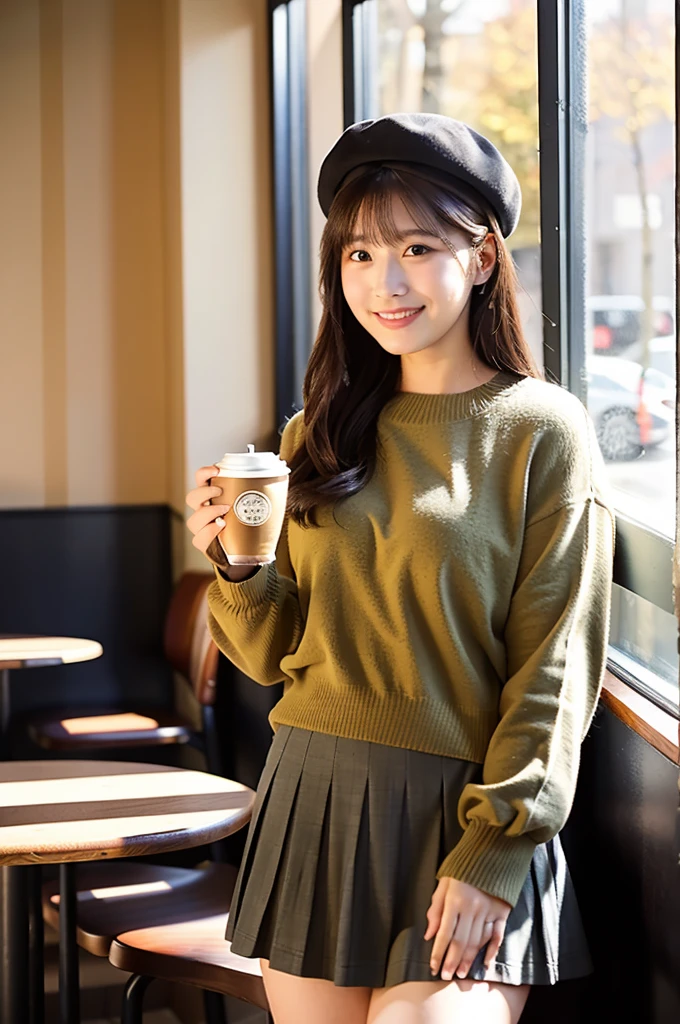 (masterpiece, best quality, perfect anatomy, highres, 8k, realistic, photorealistic, natural skin texture, no makeup:1.2), (afternoon:1.5), 1girl, solo, Japanese, age20, female fashionable university student, very cute, (large breasts:1.4), in a café, (sitting by a café window), (holding a warm cup of coffee with both her hands:1.5), soft smile, long straight hair, wearing a beret and a mini skirt, (natural sunlight illuminating her face), (autumn vibes), cozy interior, vertical composition, jp idol, inugao